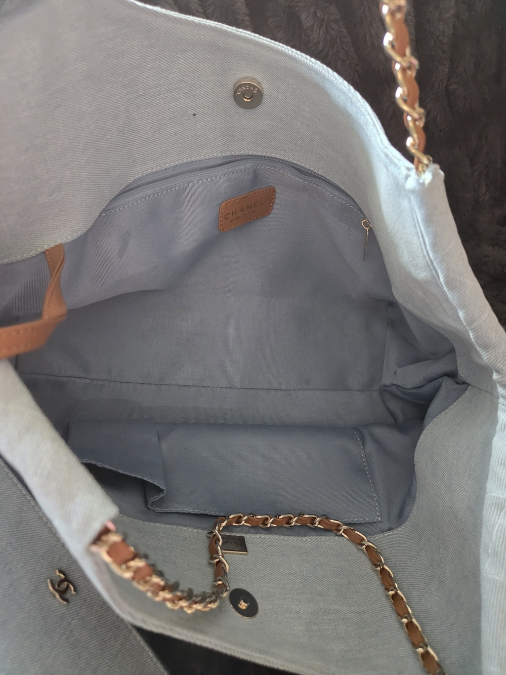 Light Blue Denim Tote With Brown Leather Detail - Picture 4 of 11